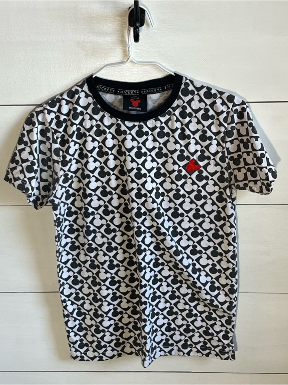 Disney Black & White Mickey Pattern Short Sleeve Tee with Red Accent